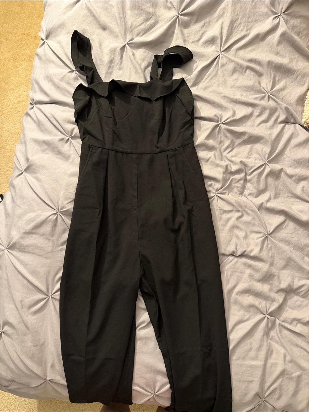 Pink Lily Black Ruffle Strap Jumpsuit with Wide Legs